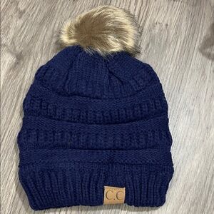 C.C Kids Dark Blue Knit Beanie with Tan Faux Fur Pom